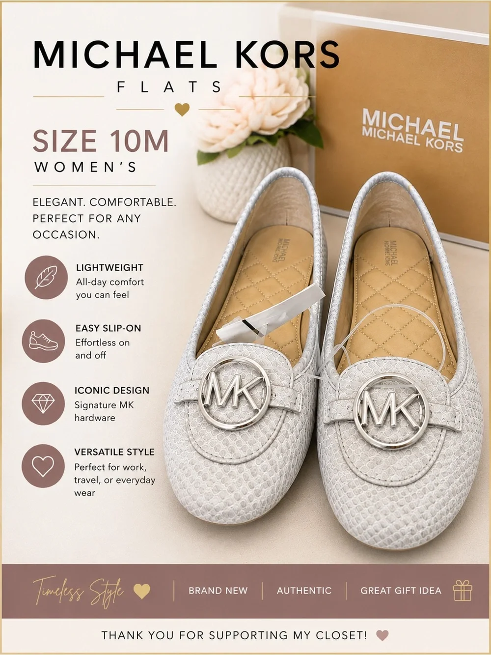 Michael Kors White Quilted MK Logo Slip-On Flats